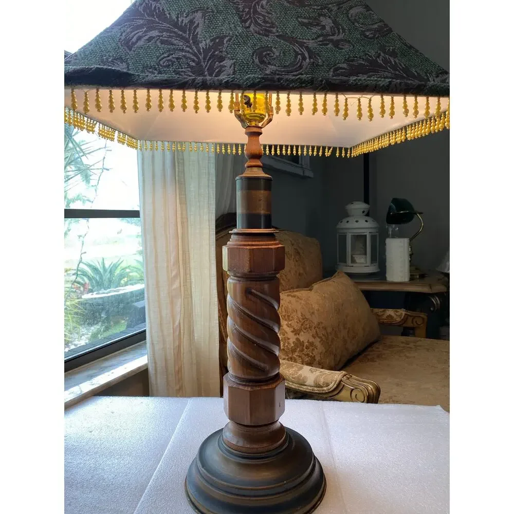 vintage turned-wood table lamp wooden column, paired with shade vintage satin
